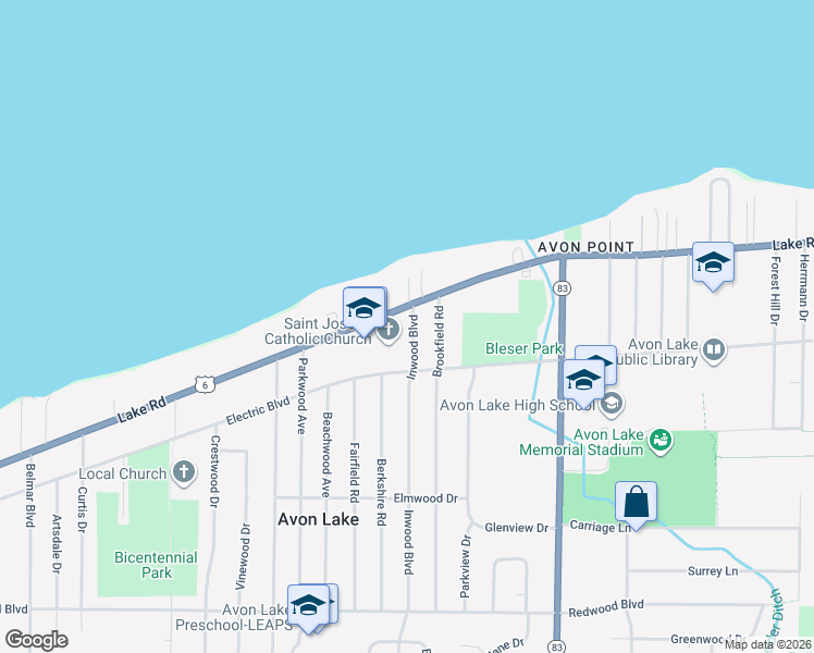 map of restaurants, bars, coffee shops, grocery stores, and more near 112 Inwood Blvd in Avon Lake