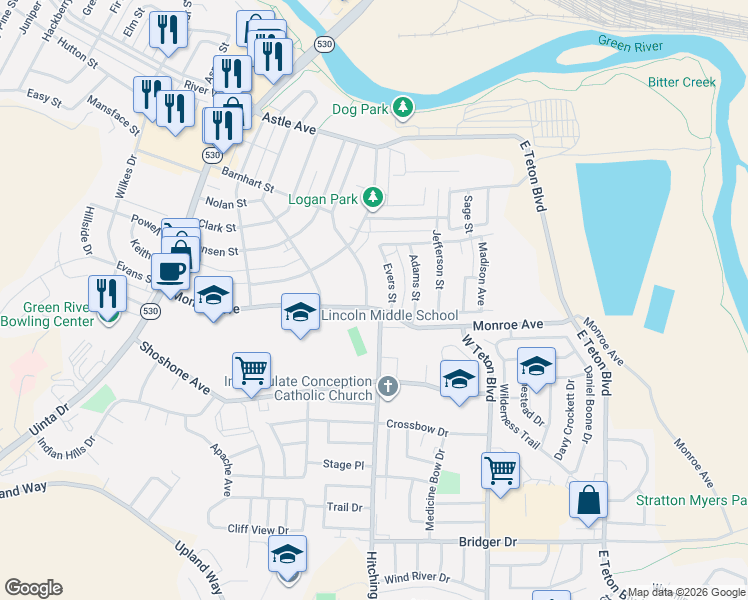 map of restaurants, bars, coffee shops, grocery stores, and more near 690 Barnhart Street in Green River