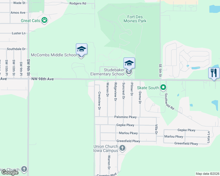 map of restaurants, bars, coffee shops, grocery stores, and more near 8015 Warren Drive in Des Moines