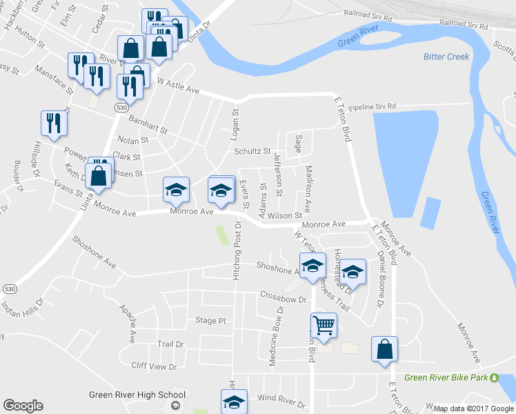 map of restaurants, bars, coffee shops, grocery stores, and more near 680 Adams Street in Green River