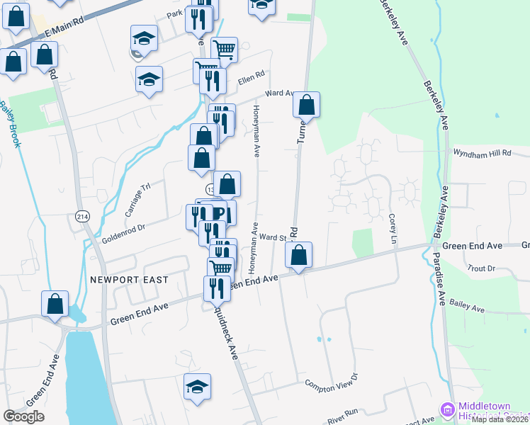 map of restaurants, bars, coffee shops, grocery stores, and more near 110 Honeyman Avenue in Middletown