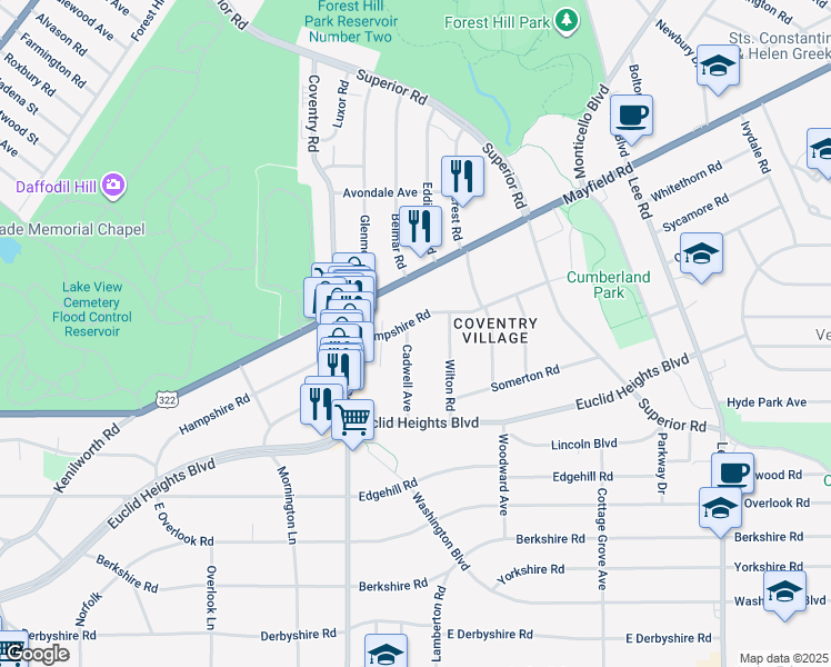 map of restaurants, bars, coffee shops, grocery stores, and more near 1783 Cadwell Avenue in Cleveland Heights