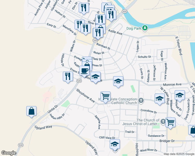 map of restaurants, bars, coffee shops, grocery stores, and more near 155 Monroe Avenue in Green River