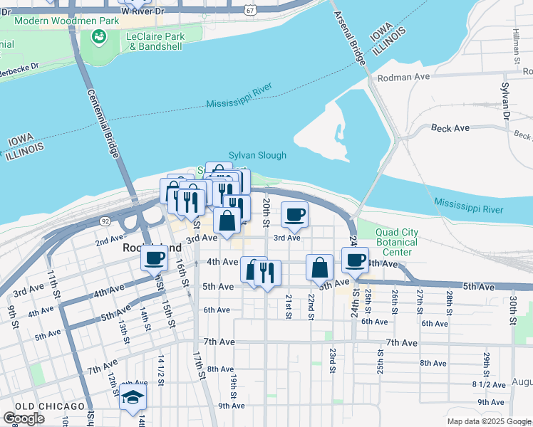 map of restaurants, bars, coffee shops, grocery stores, and more near in Rock Island