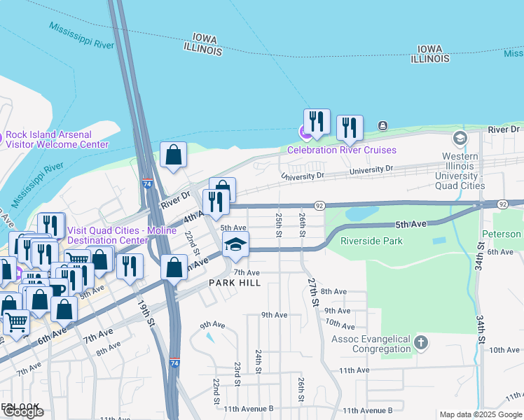 map of restaurants, bars, coffee shops, grocery stores, and more near 2418 4th Avenue in Moline