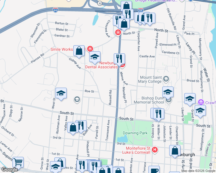 map of restaurants, bars, coffee shops, grocery stores, and more near 26 Pine Street in Newburgh