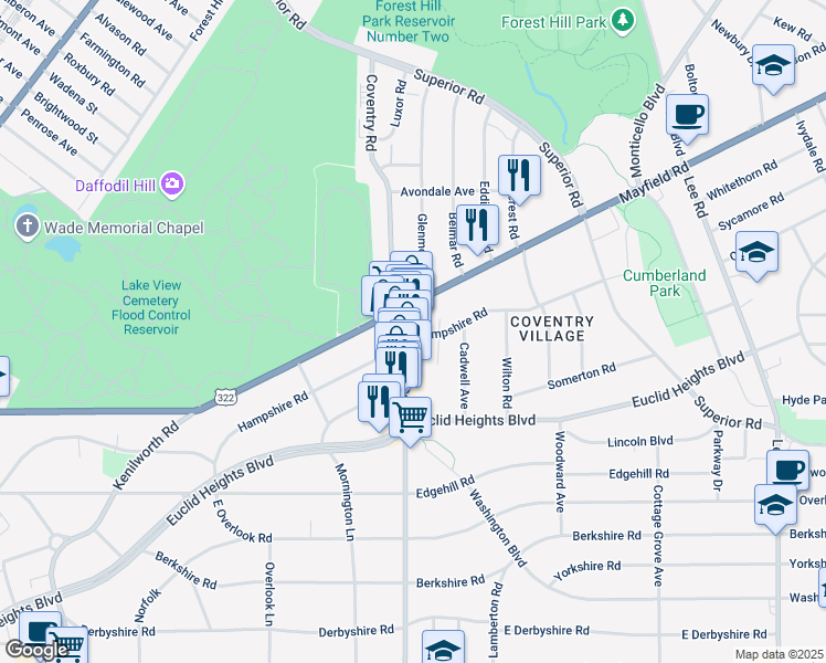map of restaurants, bars, coffee shops, grocery stores, and more near 2831 Hampshire Road in Cleveland Heights