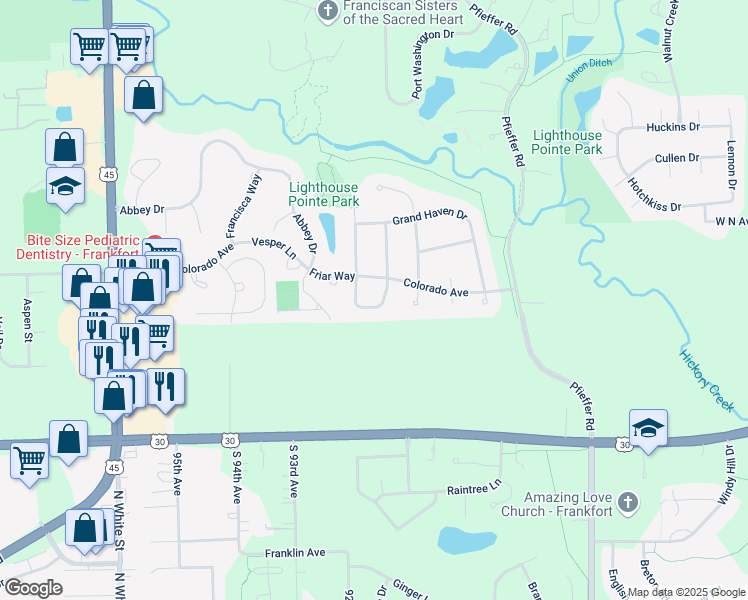 map of restaurants, bars, coffee shops, grocery stores, and more near 8938 Holland Harbour Circle in Frankfort