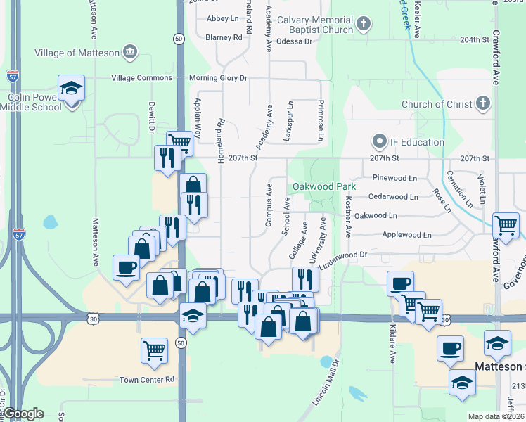 map of restaurants, bars, coffee shops, grocery stores, and more near 824 Campus Avenue in Matteson