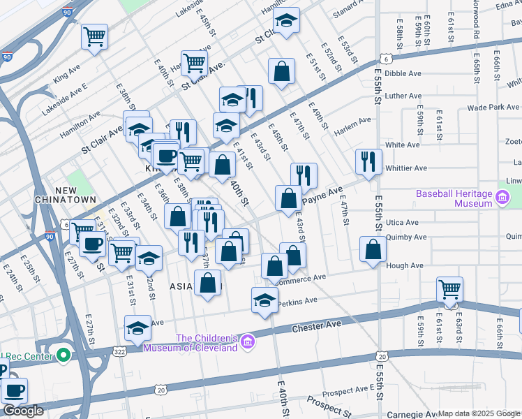 map of restaurants, bars, coffee shops, grocery stores, and more near 4049 Payne Avenue in Cleveland