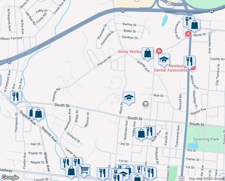 map of restaurants, bars, coffee shops, grocery stores, and more near 9 Odell Street in Newburgh