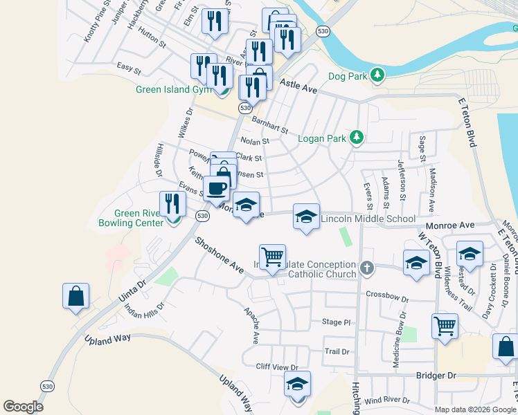 map of restaurants, bars, coffee shops, grocery stores, and more near 175 Monroe Avenue in Green River