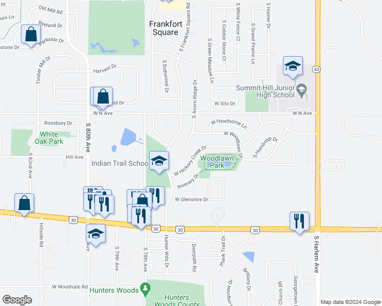 map of restaurants, bars, coffee shops, grocery stores, and more near 7626 W Hickory Creek Dr in Frankfort