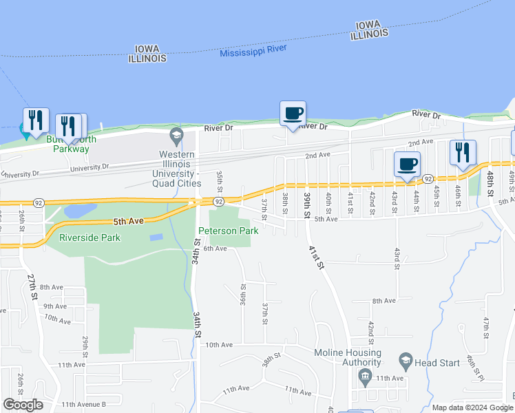 map of restaurants, bars, coffee shops, grocery stores, and more near 3627 5th Avenue in Moline