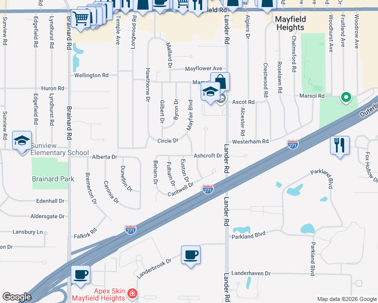 map of restaurants, bars, coffee shops, grocery stores, and more near 5911 Ashcroft Drive in Mayfield Heights