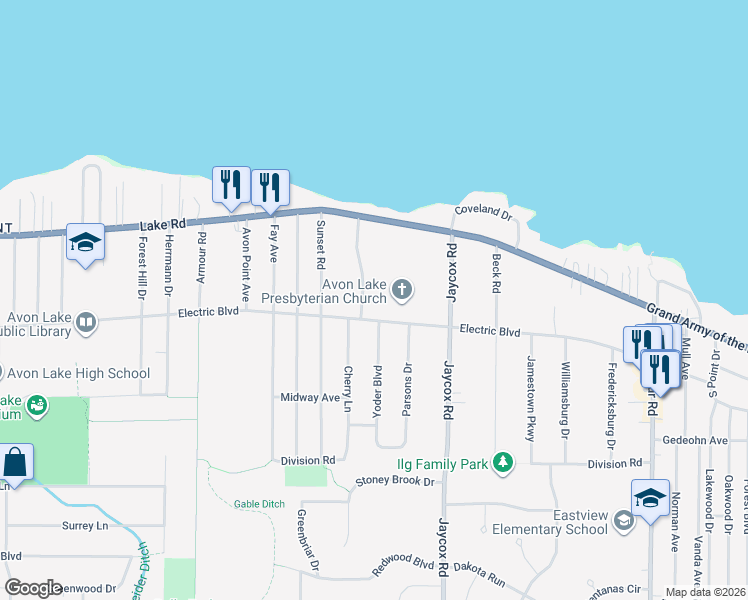 map of restaurants, bars, coffee shops, grocery stores, and more near 151 Harvey Parkway in Avon Lake