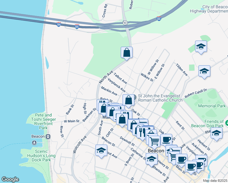 map of restaurants, bars, coffee shops, grocery stores, and more near 24 Mackin Avenue in Beacon