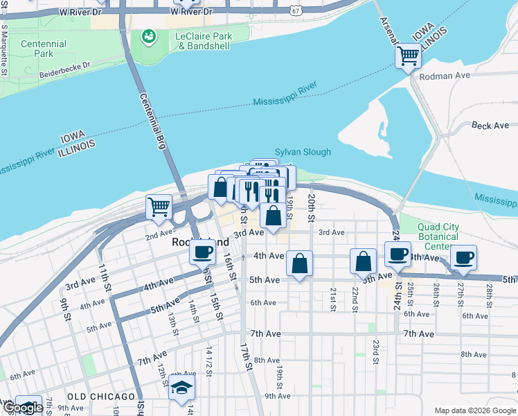 map of restaurants, bars, coffee shops, grocery stores, and more near 1723 2nd Avenue in Rock Island