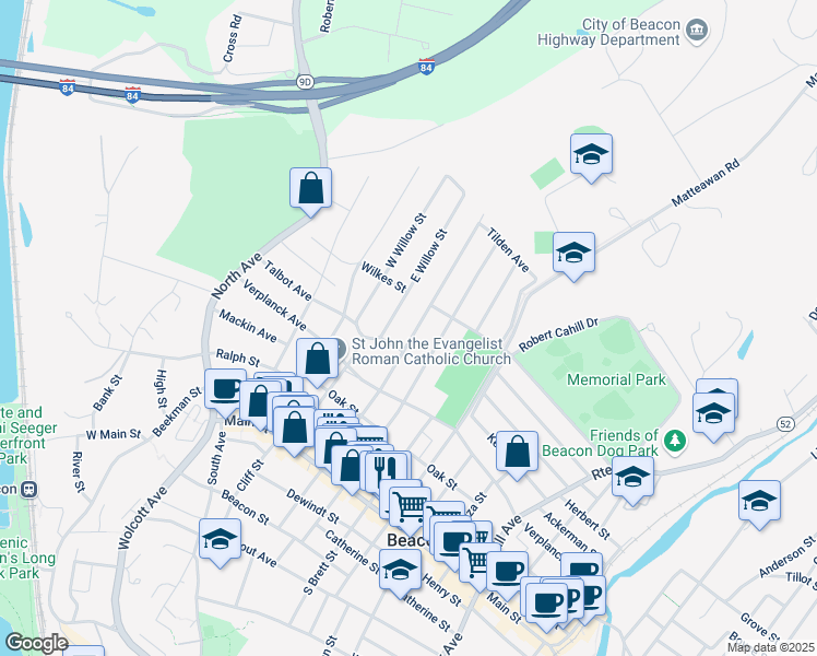 map of restaurants, bars, coffee shops, grocery stores, and more near 70 North Elm Street in Beacon