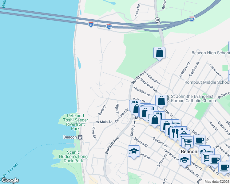 map of restaurants, bars, coffee shops, grocery stores, and more near 8 Colonial Road in Beacon