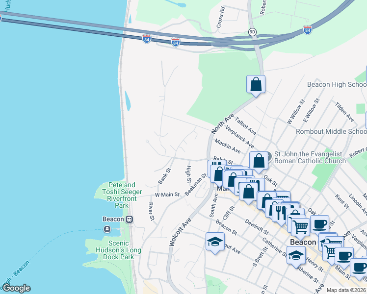 map of restaurants, bars, coffee shops, grocery stores, and more near 8 Colonial Road in Beacon