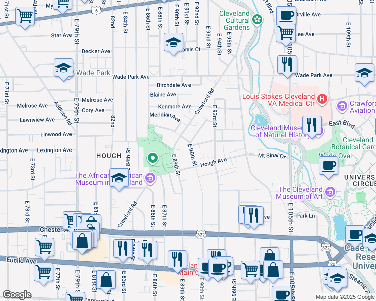 map of restaurants, bars, coffee shops, grocery stores, and more near 1706 East 90th Street in Cleveland
