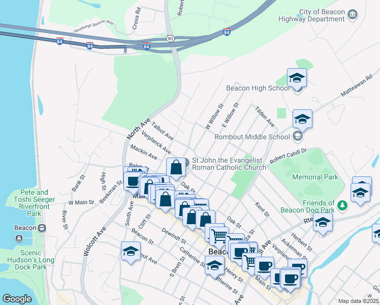 map of restaurants, bars, coffee shops, grocery stores, and more near 54 Cross St in Beacon
