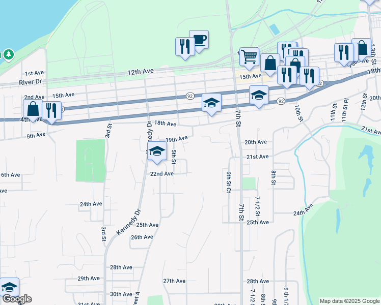 map of restaurants, bars, coffee shops, grocery stores, and more near 1948 6th Street Court in East Moline