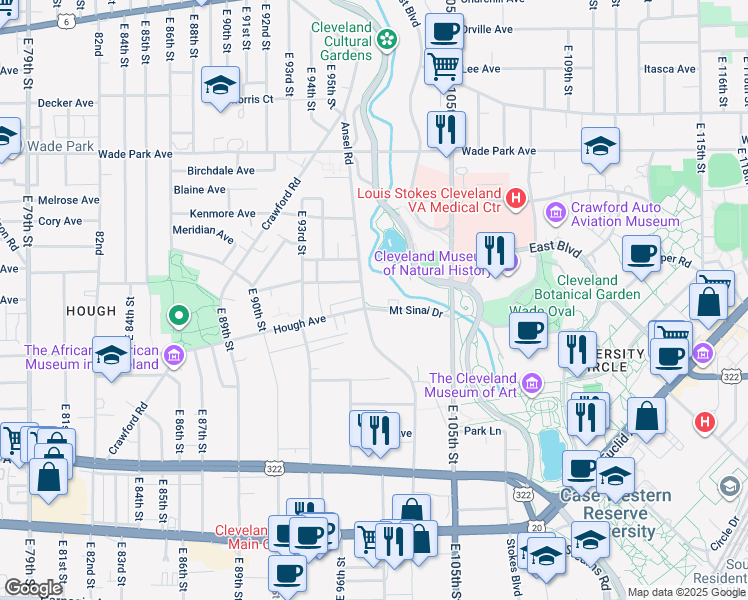 map of restaurants, bars, coffee shops, grocery stores, and more near 1675 Ansel Road in Cleveland