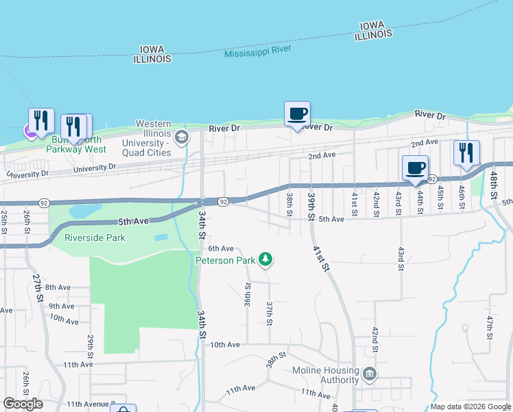 map of restaurants, bars, coffee shops, grocery stores, and more near 3601-3623 5th Avenue in Moline