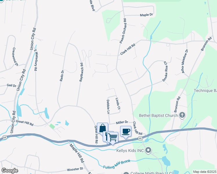 map of restaurants, bars, coffee shops, grocery stores, and more near 139 Linda Court in Naugatuck