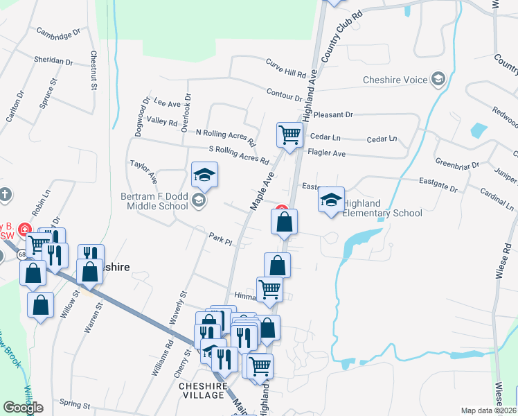 map of restaurants, bars, coffee shops, grocery stores, and more near 484 Maple Avenue in Cheshire