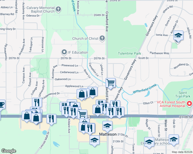 map of restaurants, bars, coffee shops, grocery stores, and more near 814 Carnation Lane in Matteson