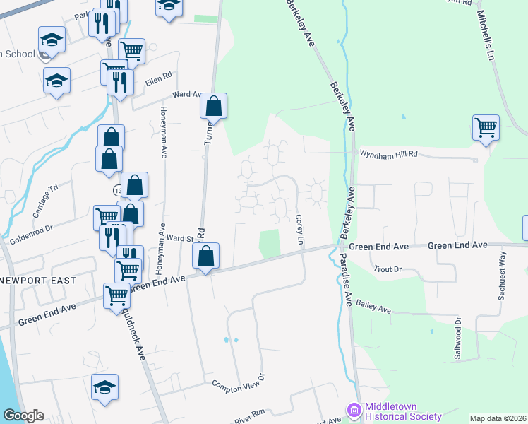 map of restaurants, bars, coffee shops, grocery stores, and more near 510 Corey Lane in Middletown