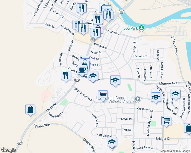 map of restaurants, bars, coffee shops, grocery stores, and more near 175 Monroe Avenue in Green River