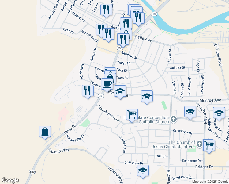 map of restaurants, bars, coffee shops, grocery stores, and more near 125 Monroe Avenue in Green River