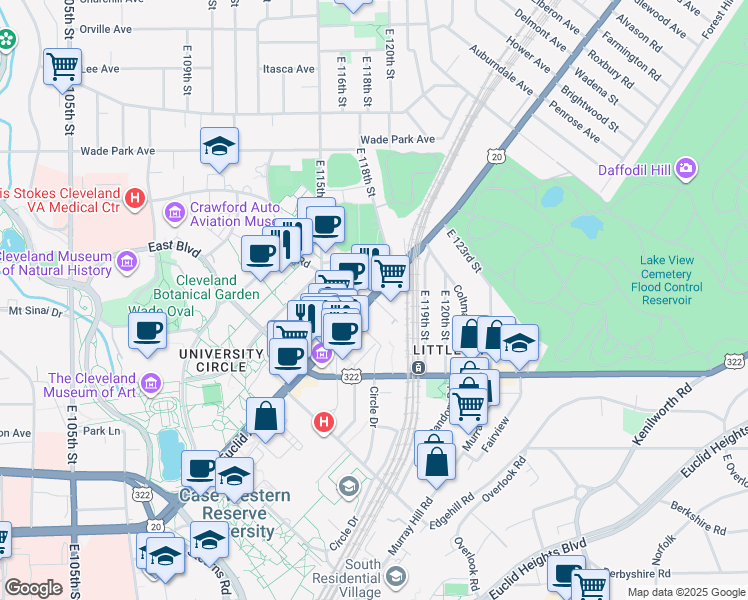 map of restaurants, bars, coffee shops, grocery stores, and more near in Cleveland