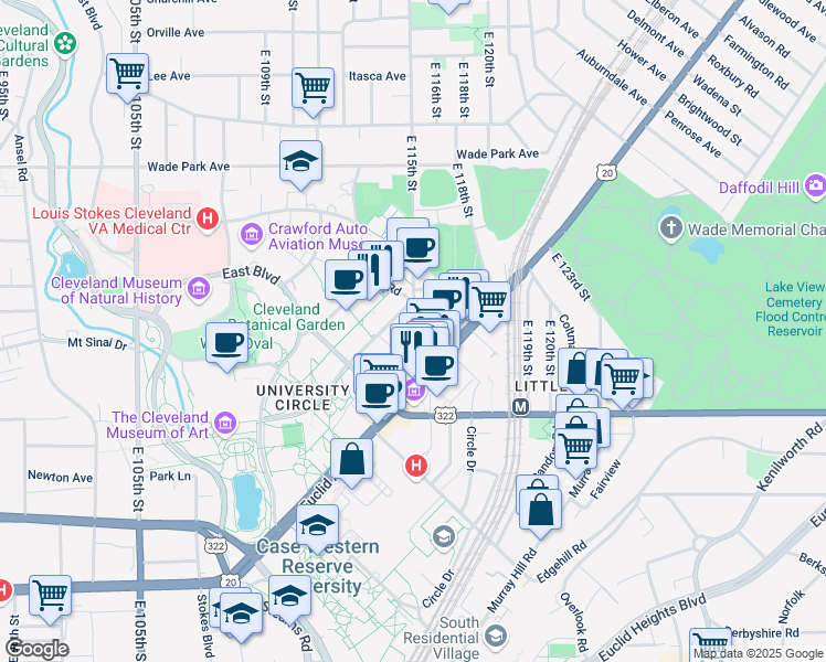 map of restaurants, bars, coffee shops, grocery stores, and more near 1716 East 115th Street in Cleveland