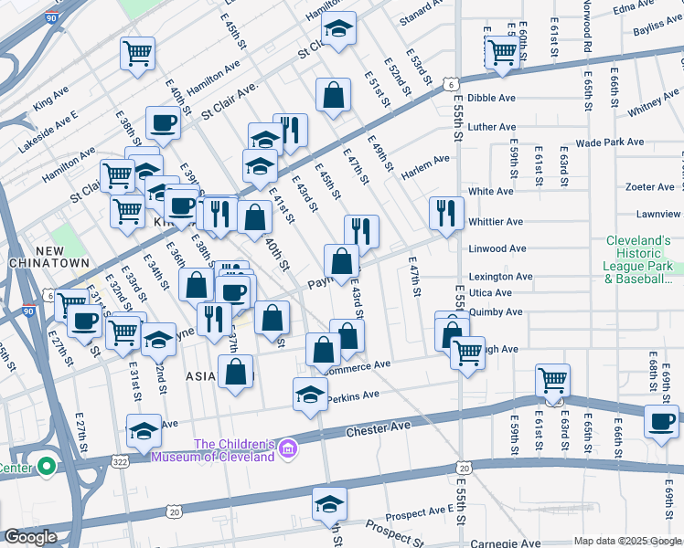 map of restaurants, bars, coffee shops, grocery stores, and more near 4100 Payne Avenue in Cleveland