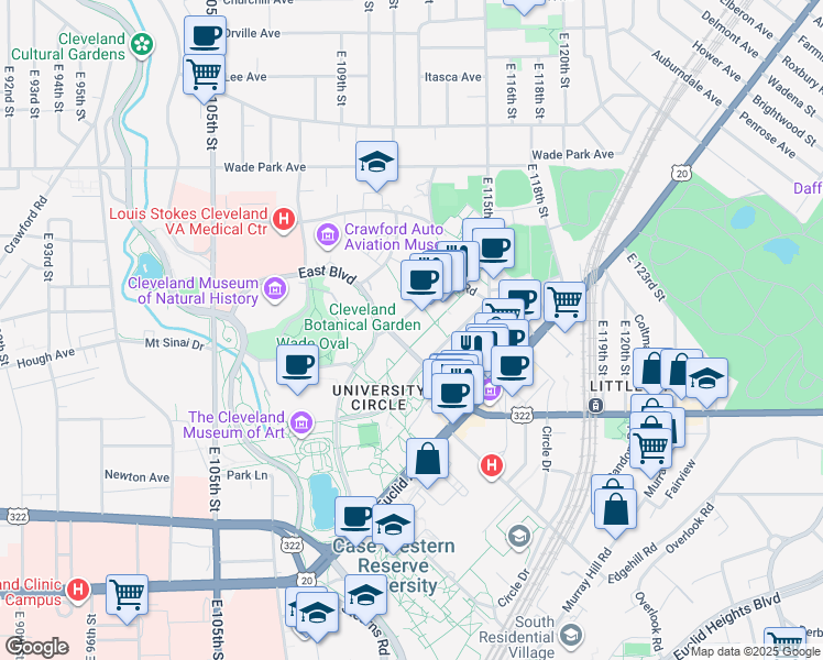 map of restaurants, bars, coffee shops, grocery stores, and more near 1901 Ford Drive in Cleveland