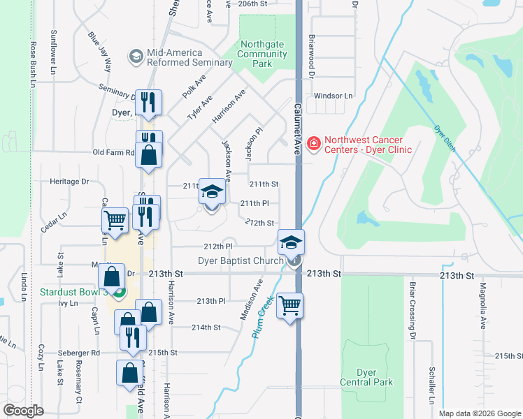 map of restaurants, bars, coffee shops, grocery stores, and more near 702 211th Place in Dyer