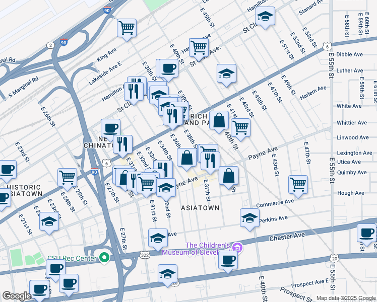 map of restaurants, bars, coffee shops, grocery stores, and more near 1577 East 36th Street in Cleveland