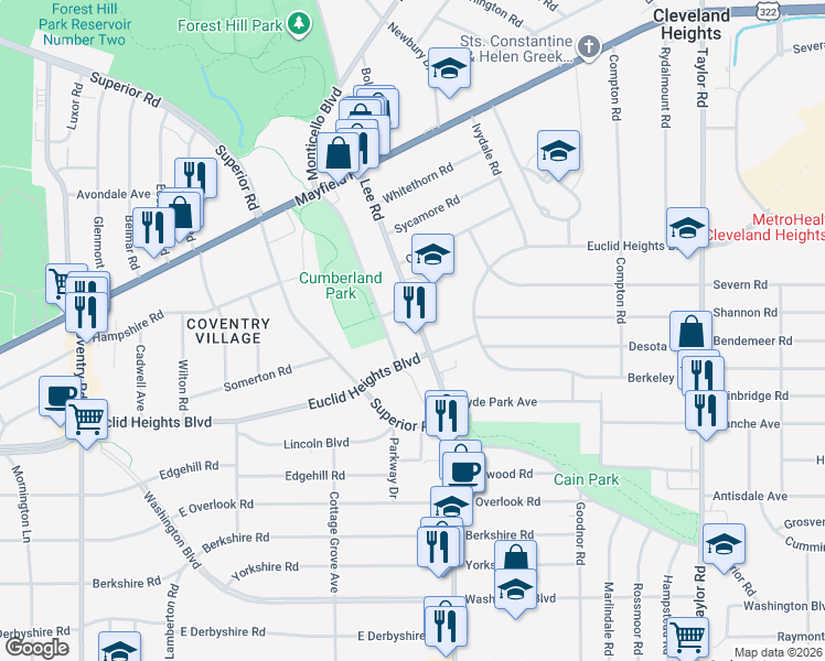 map of restaurants, bars, coffee shops, grocery stores, and more near in Cleveland Heights