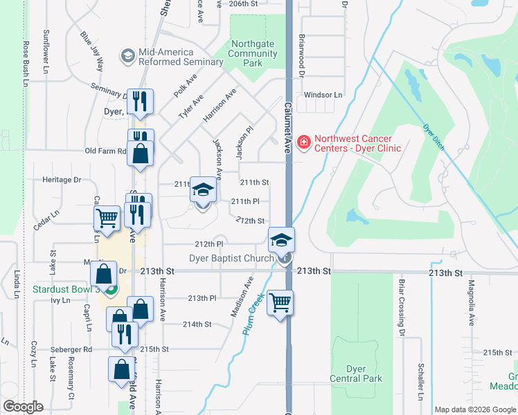 map of restaurants, bars, coffee shops, grocery stores, and more near 702 211th Pl in Dyer