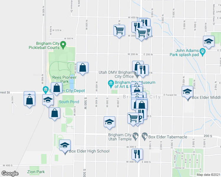 map of restaurants, bars, coffee shops, grocery stores, and more near 24 North 300 West in Brigham City