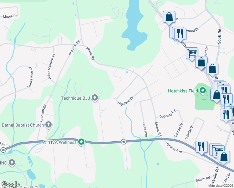 map of restaurants, bars, coffee shops, grocery stores, and more near 32 Highland Drive in Prospect