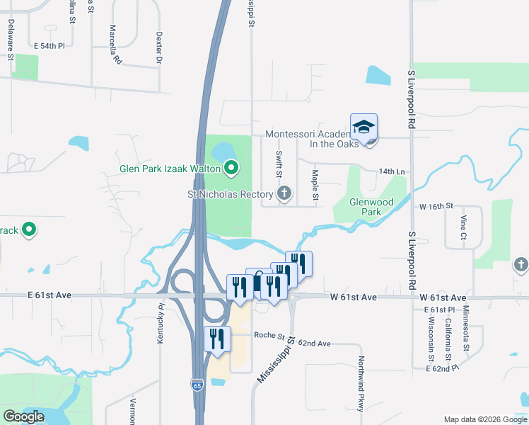 map of restaurants, bars, coffee shops, grocery stores, and more near 1554 Mississippi Street in Hobart