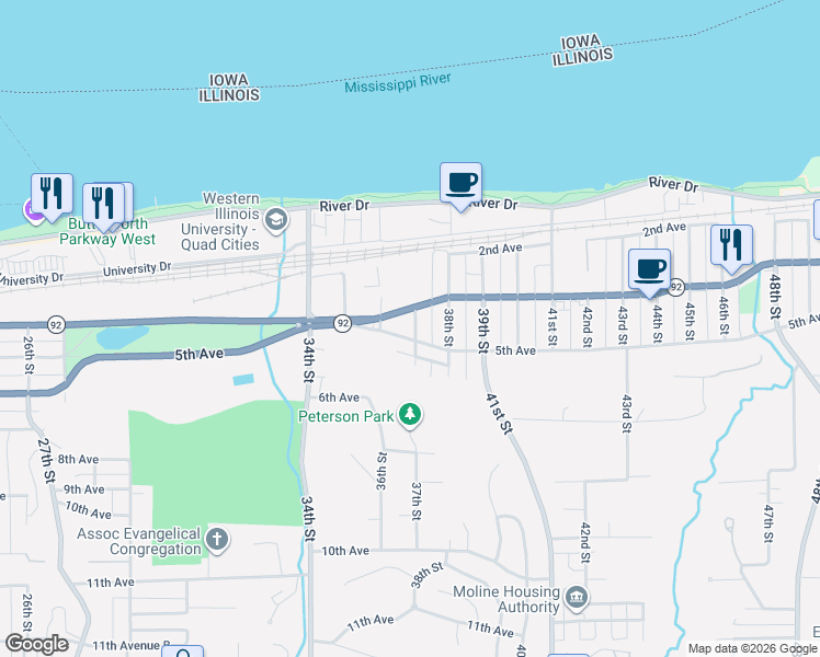 map of restaurants, bars, coffee shops, grocery stores, and more near 3601-3623 5th Avenue in Moline