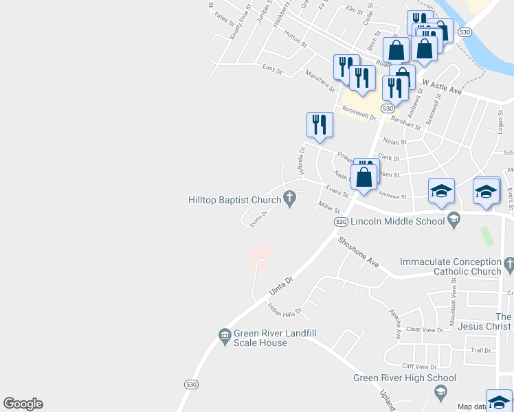 map of restaurants, bars, coffee shops, grocery stores, and more near 425 Evans Dr in Green River