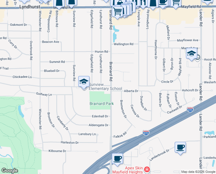 map of restaurants, bars, coffee shops, grocery stores, and more near 1800 Brainard Road in Lyndhurst